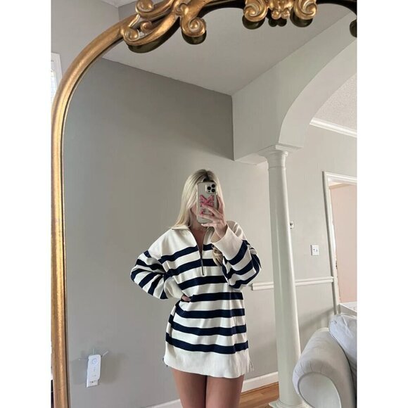 FREE PEOPLE Coastal Stripe Pullover in Champagne Navy Combo Size Medium - Picture 11 of 16